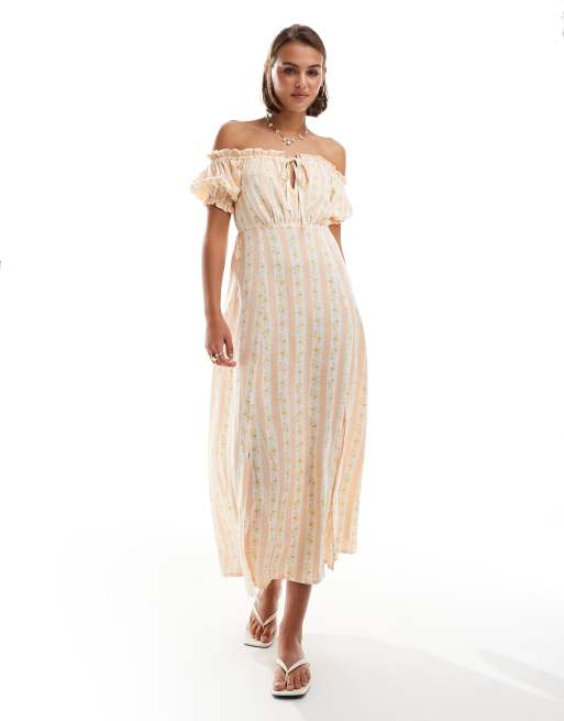 Miss Selfridge– Sukienka maxi z dekoltem bardot we wzór w paski i kwiaty