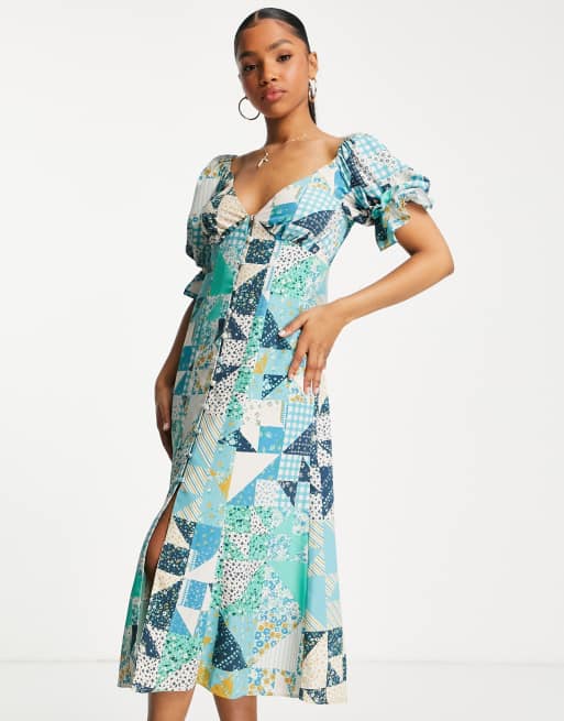 Miss Selfridge – Sukienka midi w patchworkowy kwiatowy wzór, z ozdobnym krojem pod biustem 