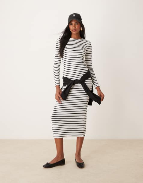 Miss Selfridge – Sukienka midi z długimi rękawami w paski - view 1