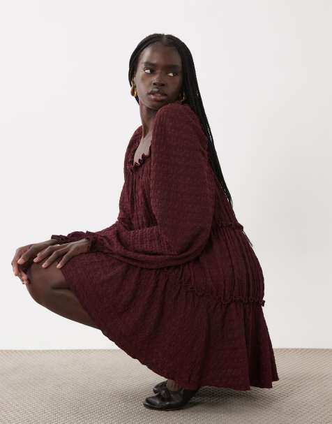 Miss Selfridge sukienka mini smock z długim rękawem i warstwami w kolorze bordo - view 1