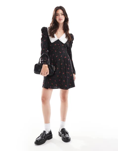 Miss Selfridge – Sukienka mini w groszki i wisienki z kołnierzykiem - view 1