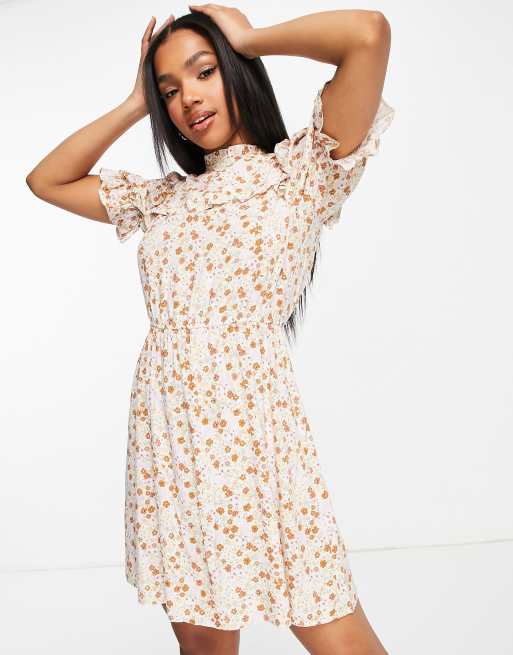 Miss Selfridge – Sukienka mini w rdzawe kwiatki z falbanką, 4 z 4