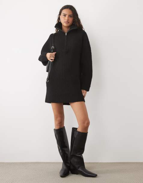 Miss Selfridge half zip batwing chunky knit mini dress in black