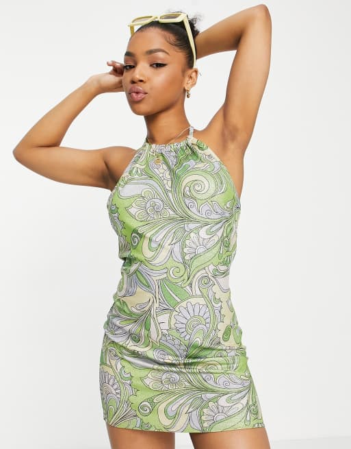 Miss Selfridge – Sukienka mini z dekoltem typu halter w błyszczący retro wzór 