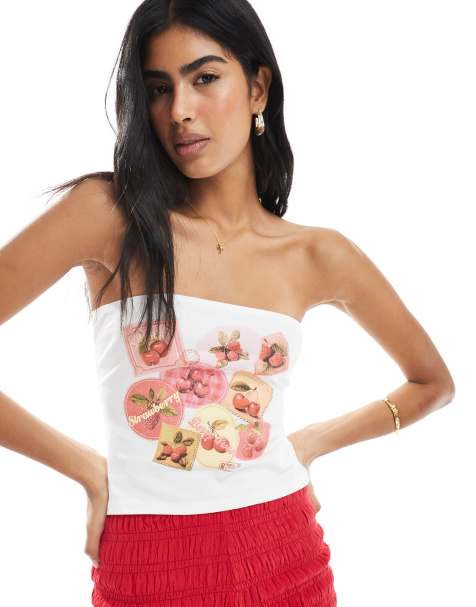 Miss Selfridge summer postcard print bandeau top in white - view 1