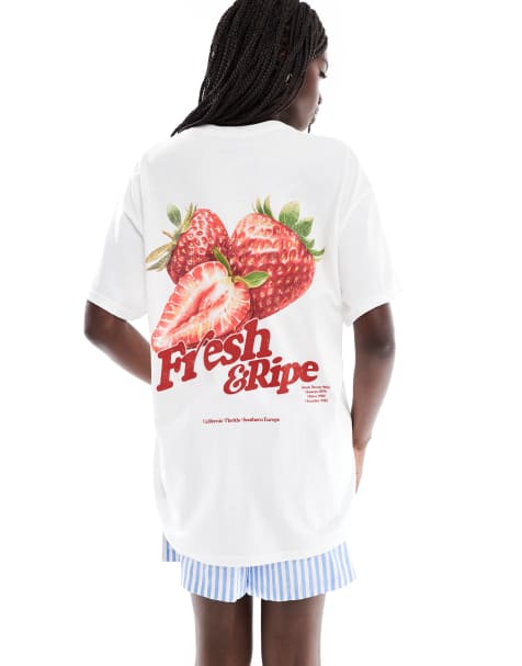 Miss Selfridge summer strawberry graphic oversized tee in white - view 1