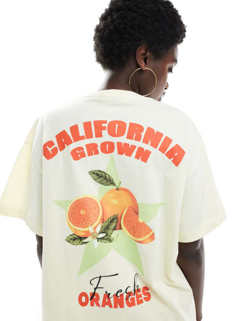 Miss Selfridge – Summer – T-shirt oversize w kolorze naturalnym z grafiką z pomarańczami i napisem Fresh Oranges