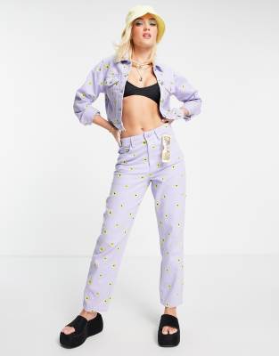 Miss Selfridge Sunflower Embroidered Mom Jeans-purple