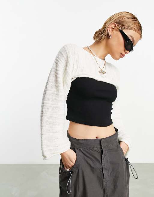 Miss Selfridge - Super cropped, opengewerkte trui in crème