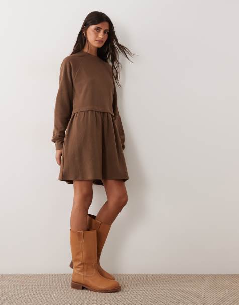 Miss Selfridge super soft brushed smock dress in chocolate - view 1