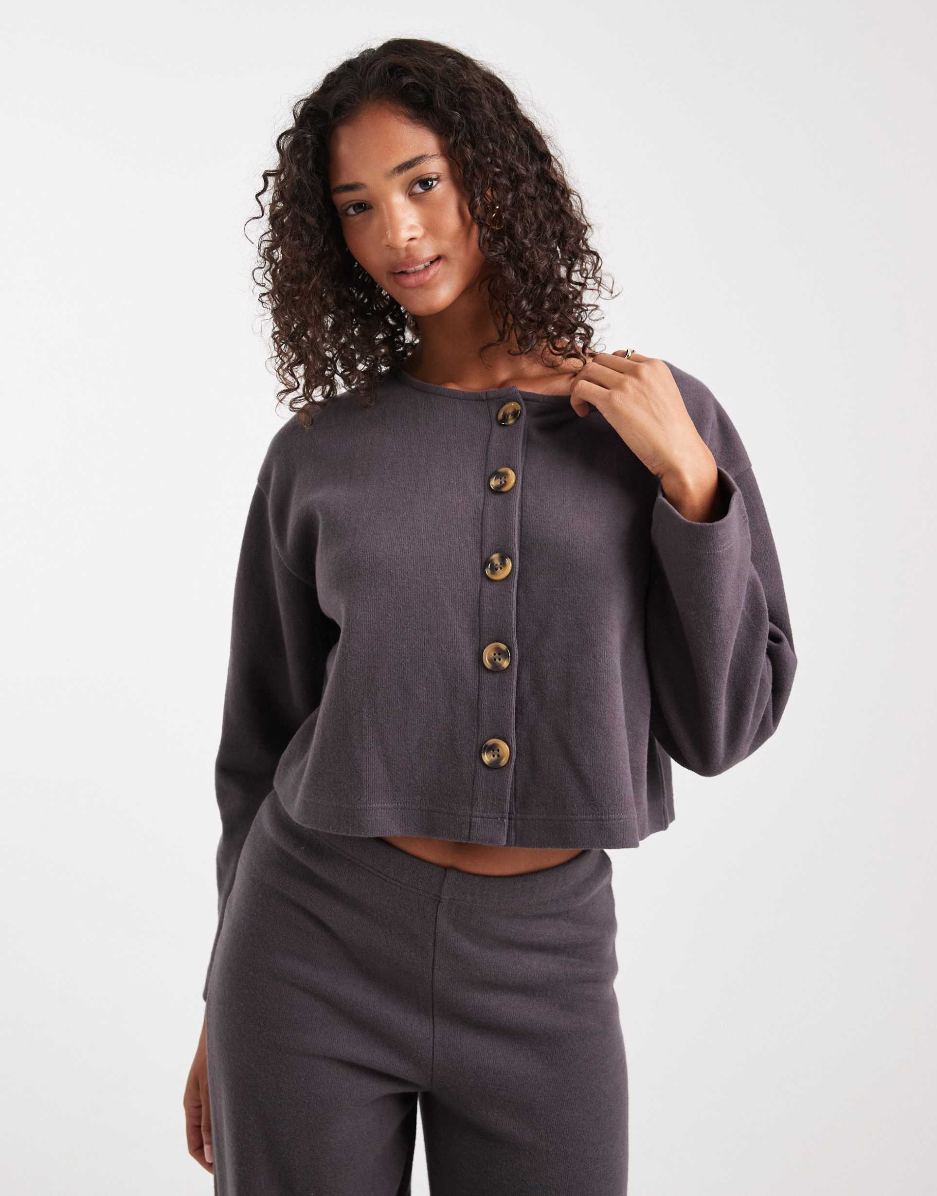 miss selfridge super soft cardigan set in charcoal