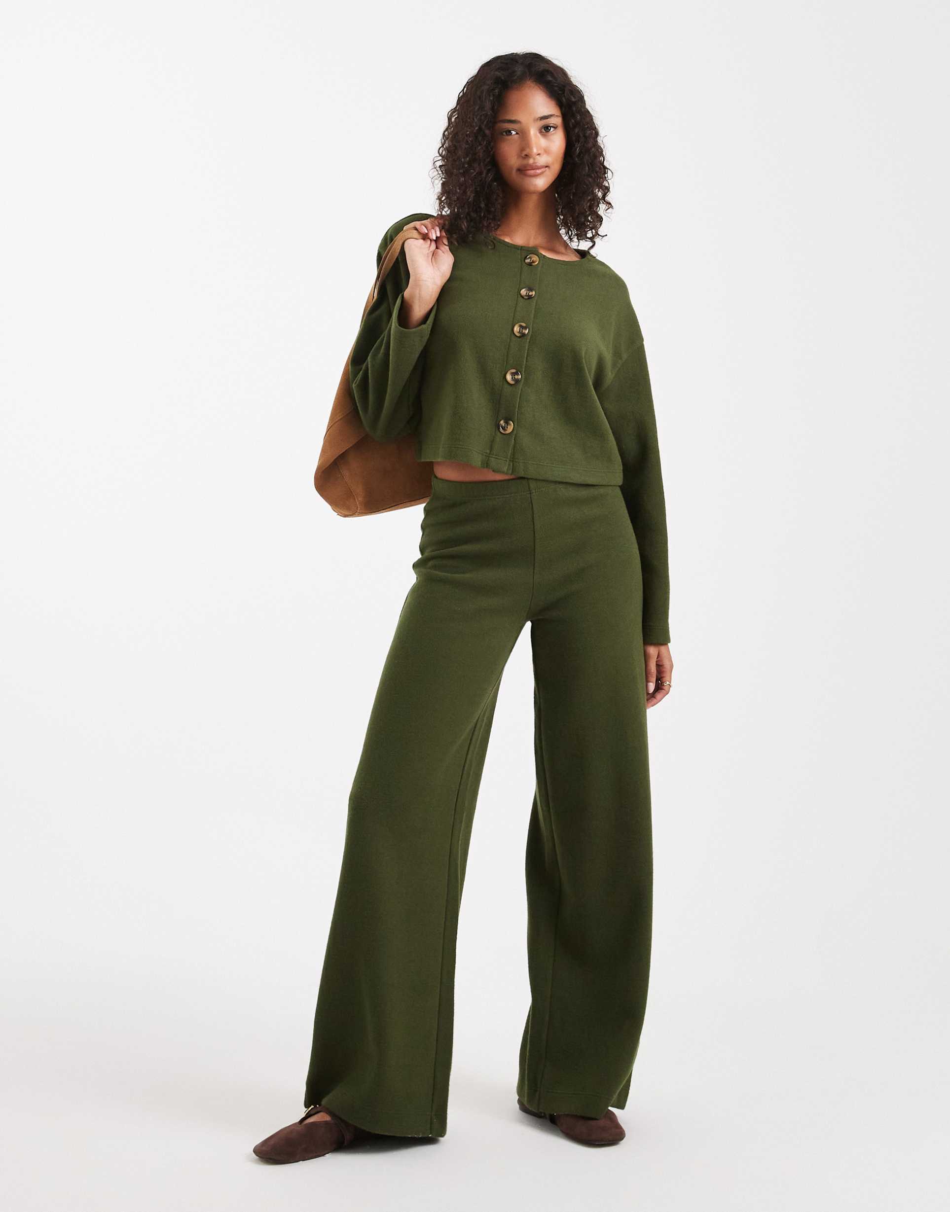 miss selfridge super soft pants in olive - part of a set