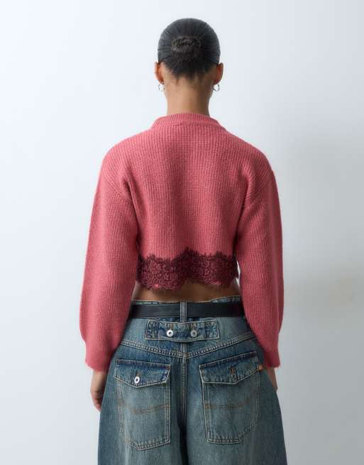Miss Selfridge supercropped geribbelde trui met kanten zoom in roze, 4 van 4