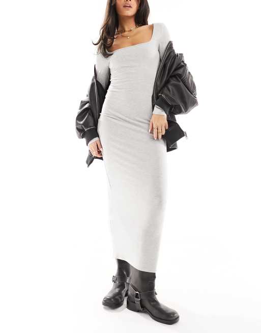 Miss Selfridge - Superzachte bodycon maxi-jurk met lange mouwen en vierkante hals in gemêleerd grijs