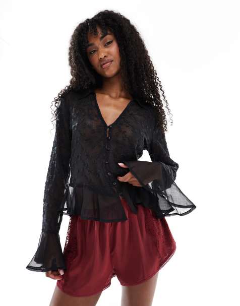 Miss Selfridge – Svart blus med broderi av chiffong - view 1