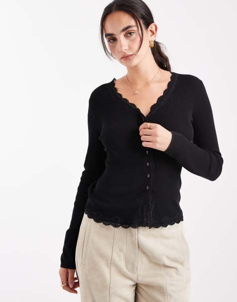 Miss Selfridge – Svart kofta med spetskant - view 1