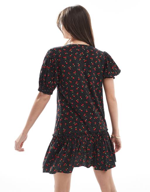 Miss Selfridge – Svart, körsbärsmönstrad smockklänning med mönstrat sprund, 3 av 4