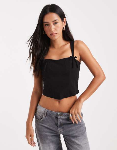 Miss Selfridge – Svart korsett-topp med rosett i linnemix - view 1