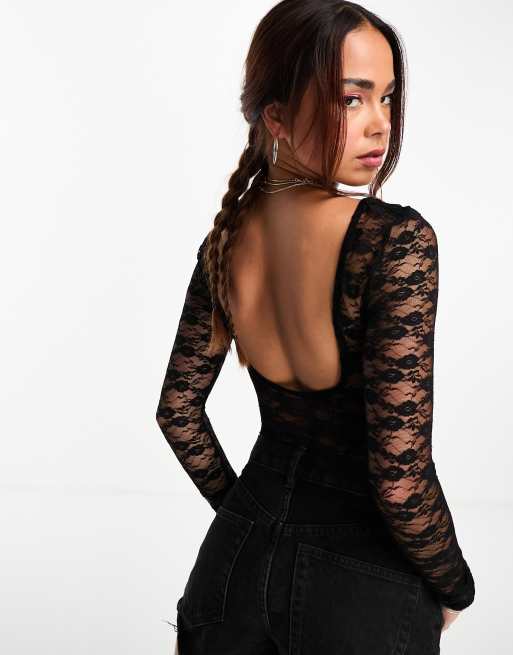 Miss Selfridge – Svart långärmad body i spets med djup halsringning, 4 av 4