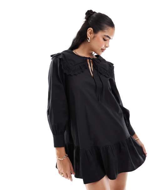 Miss Selfridge – Svart miniklänning i poplin med broderad krage - view 1