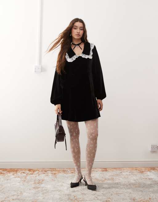 Miss Selfridge – Svart miniklänning i sammet med krage, 3 av 4