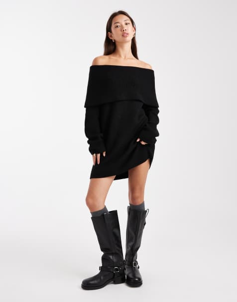 Miss Selfridge – Svart miniklänning med nedvikt bardotringning - view 1