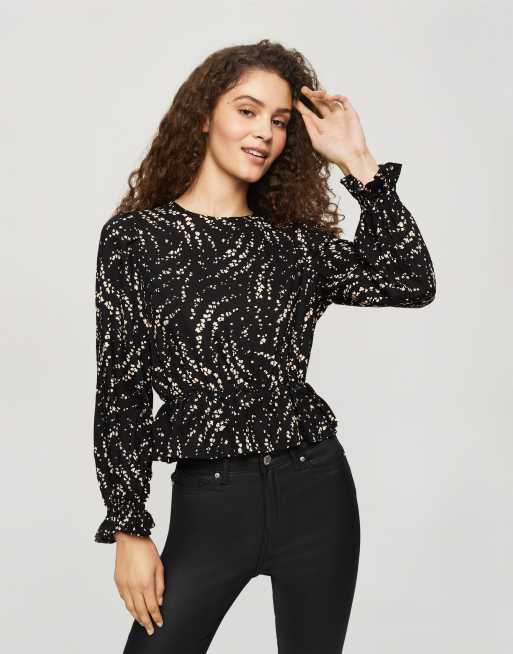 Miss Selfridge – Svart mönstrad peplumblus