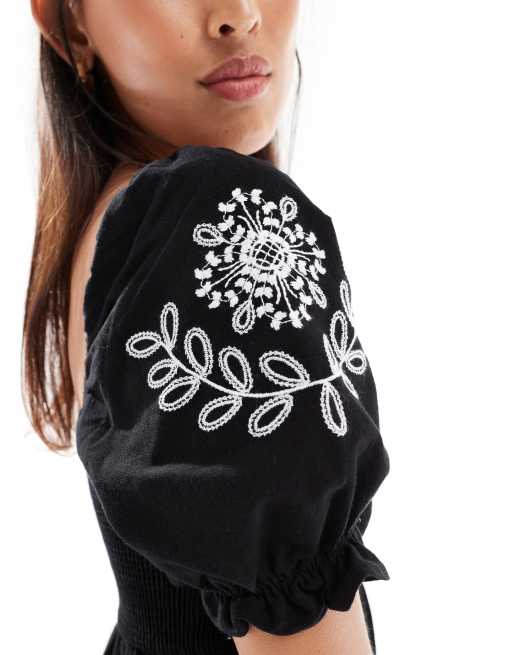 Miss Selfridge – Svart och vit, broderad miniklänning med puffärmar, 3 av 4
