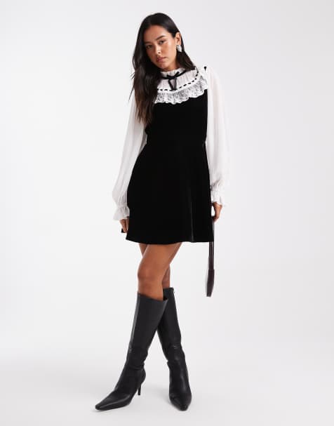 Miss Selfridge – Svart och vit miniklänning i sammet och chiffong med broderi - view 1