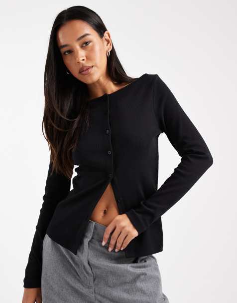 Miss Selfridge – Svart, ribbad kofta i lång modell - view 1