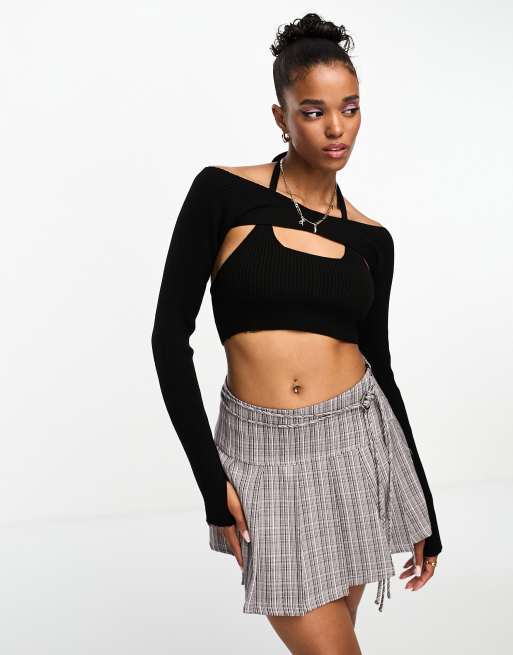 Miss Selfridge – Svart ribbstickad topp med avtagbar armvärmare och halterneck