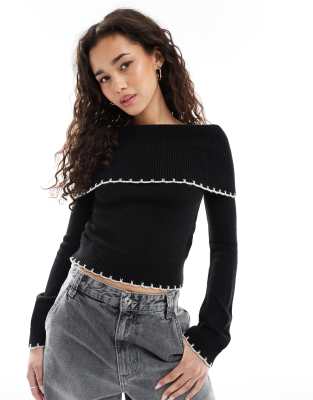 Miss Selfridge – Svart, stickad bardot-topp med langettstygn - view 1