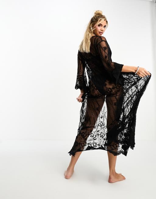 Miss Selfridge – Svart strandkimono i spets och maxilängd med snörning, 2 av 4