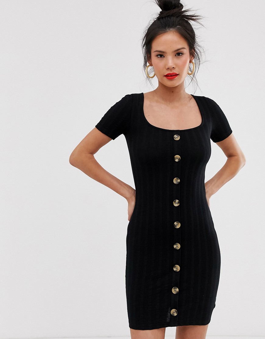 Miss Selfridge – Svart texturerad klänning med knappar