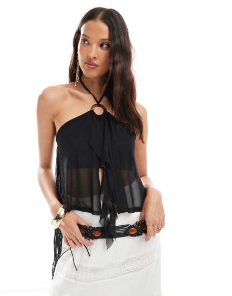 Miss Selfridge – Svart topp med ring, volang och slits framtill - view 1