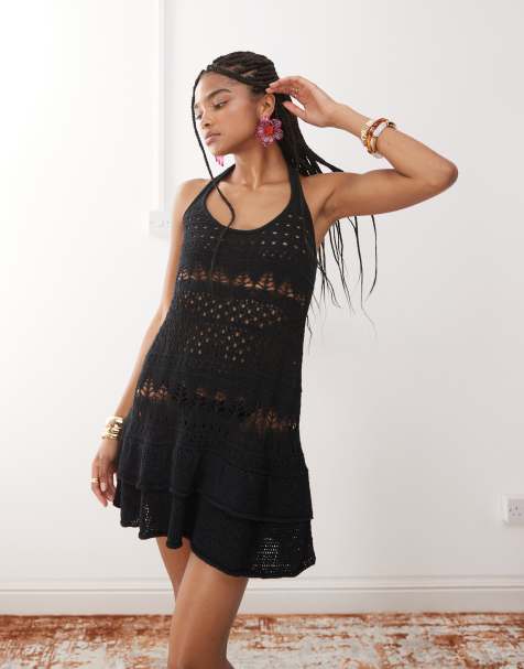 Miss Selfridge – Svart, virkad miniklänning med volang - view 1