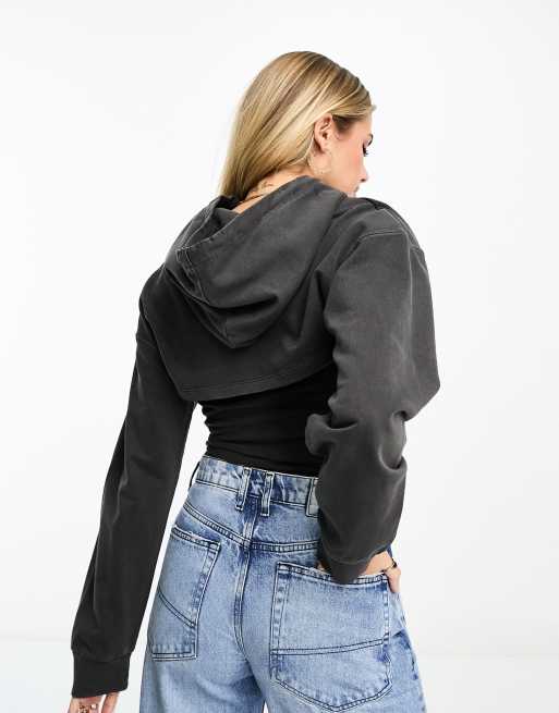 Miss Selfridge - Sweat à capuche court 2-en-1 caraco - Anthracite, 4 de 4