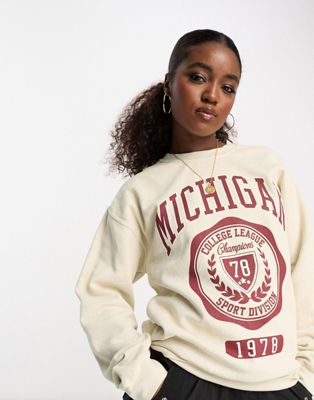 Miss Selfridge Michigan graphic front print sweatshirt in cream - ASOS Price Checker