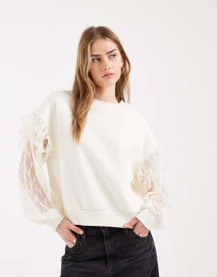 Sweat-shirt avec manches en dentelle - Crème-Blanc XS