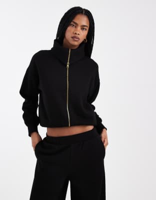 Sweat zippé d'ensemble en tissu de qualité supérieure à col - Noir 40