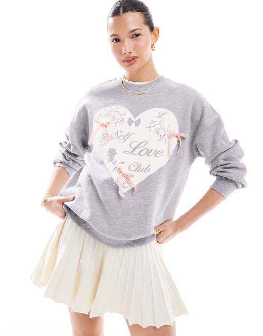 Miss Selfridge - Sweater met hart met 'Self Love Club'-print en strikjes in grijs
