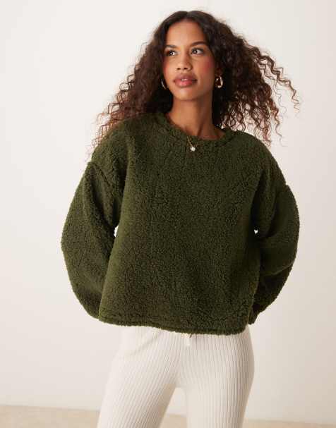 Miss Selfridge – Sweatshirt aus Teddyfell in Khaki - view 1
