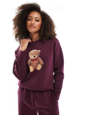 Miss Selfridge - Sweatshirt in Burgunderrot mit Teddy-Print-Braun