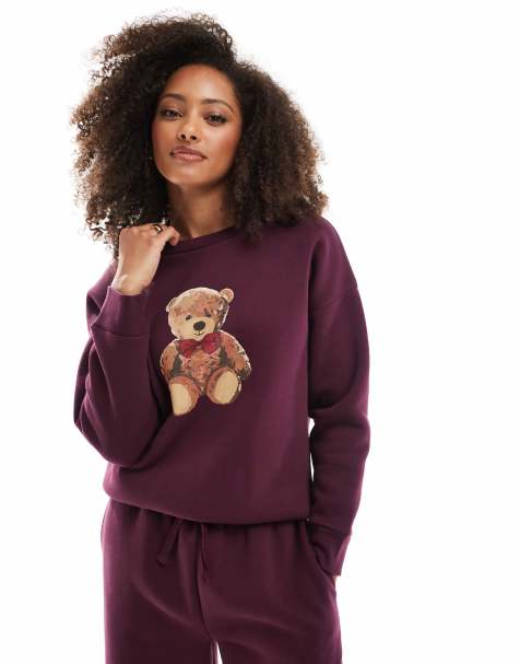 Miss Selfridge – Sweatshirt in Burgunderrot mit Teddy-Print - view 1