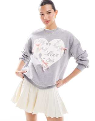 Miss Selfridge - Sweatshirt in Grau mit „Self Love Club"-Herzmotiv und Schleifen