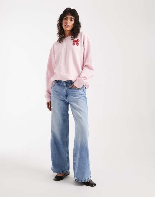 Miss Selfridge – Sweatshirt in Rosa mit Schleifen-Grafik im Spitzen-Design, 4 von 4