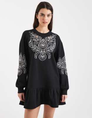 Miss Selfridge - Sweatshirt-Kleid mit tiefer Taille und Durchbruchstickerei-Schwarz