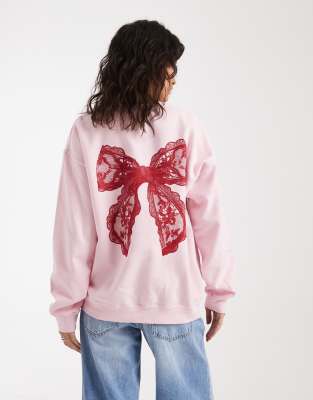 Miss Selfridge Sweatshirt With Lace Bow Graphic In Pink