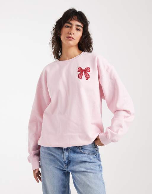 Miss Selfridge sweatshirt with lace bow graphic in pink, 3 of 4