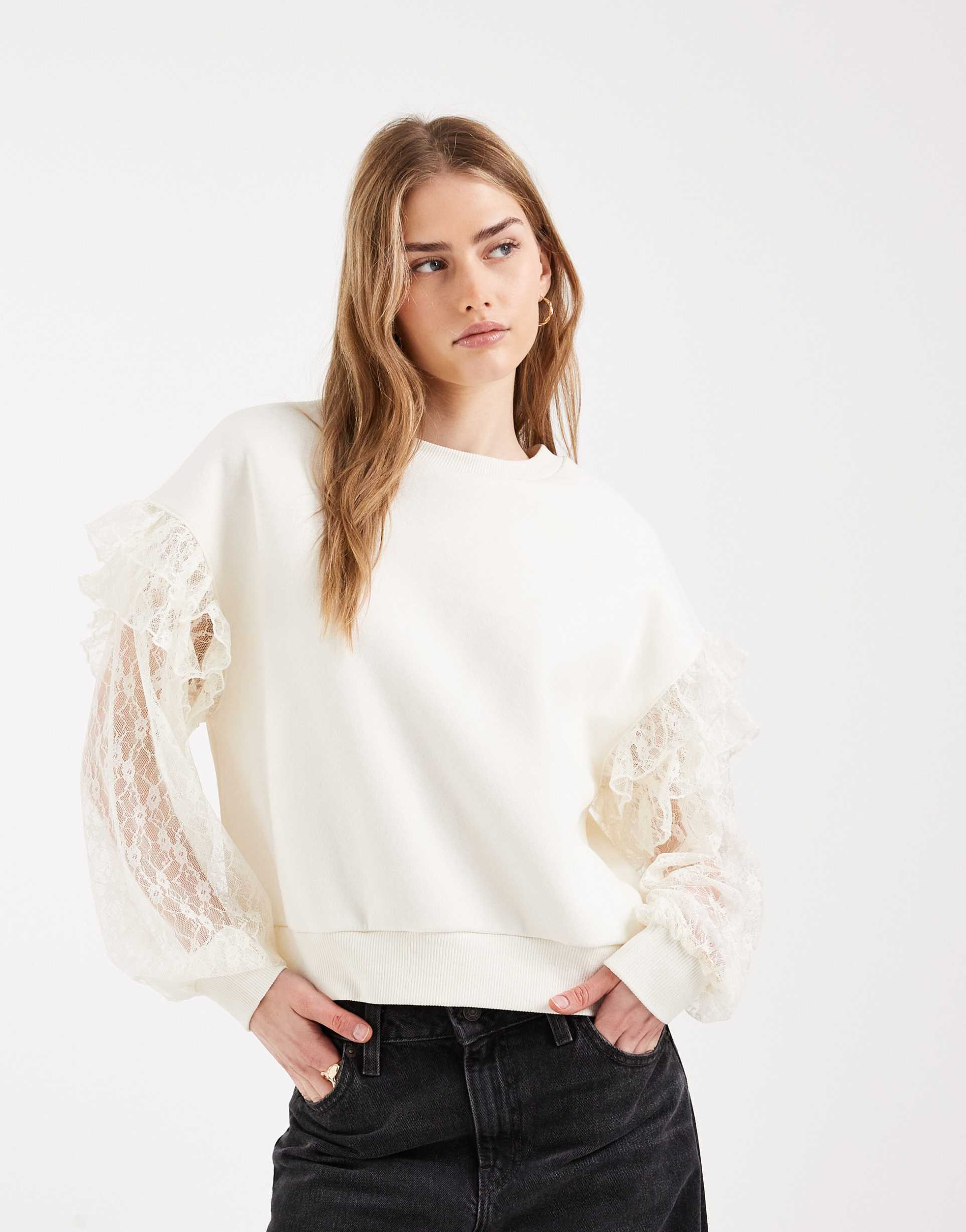 miss selfridge sweatshirt with lace sleeves in cream